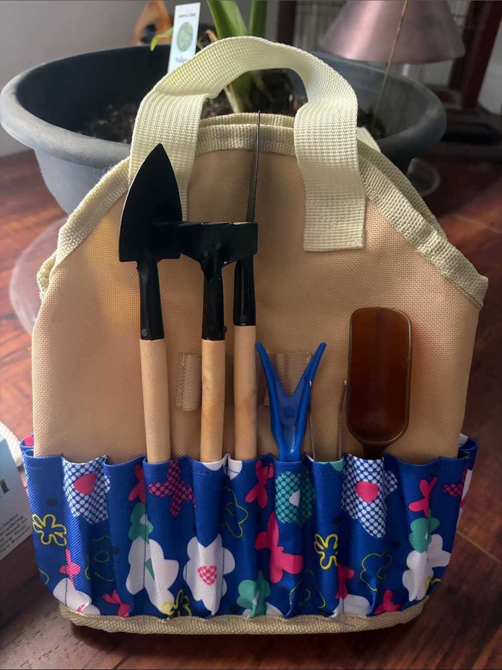 Beige Kids Gardening Tote with Blue Pattern and Green Scoop